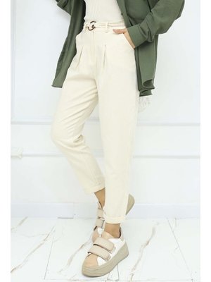 Taş Rengi Kemerli Keten Pantolon