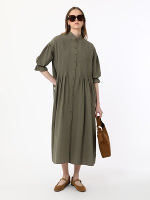 Haki Nervür Detaylı Kolu Lastikli Elbise