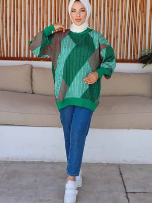Yeşil Renkli Çizgili Balon Kol Triko Tunik Yeşil Renkli Çizgili Balon Kol Triko Tunik