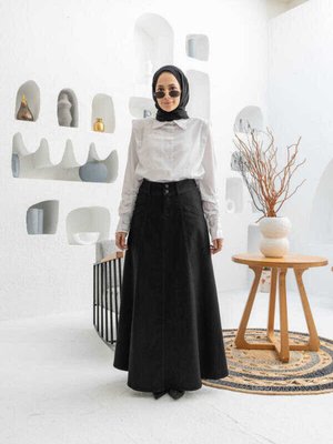Denim Mevlana Parçalı Etek Siyah Denim Mevlana Parçalı Etek Siyah