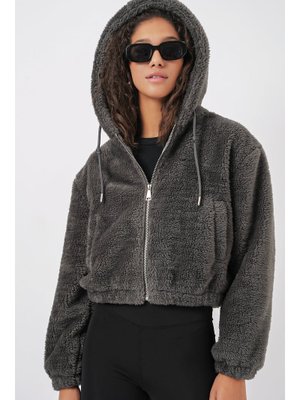 Antrasit Kapüşonlu Peluş Crop Ceket Antrasit Kapüşonlu Peluş Crop Ceket