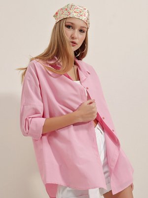 Pembe Oversize Uzun Basic Gömlek Pembe Oversize Uzun Basic Gömlek