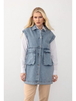 Mavi Torba Cepli Düğme Kapamalı Oversize Denim Yelek Mavi Torba Cepli Düğme Kapamalı Oversize Denim Yelek