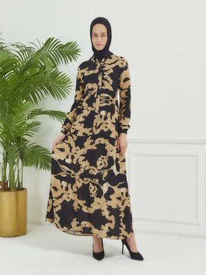 Siyah Karışık Desen Elbise