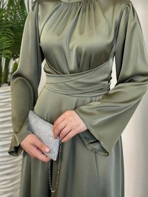 İspanyol Kol Belden Çapraz Bağlama Saten Elbise