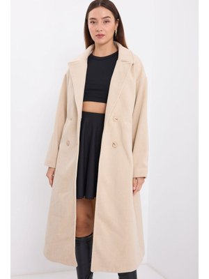 Krem Oversize Geniş Kesim Yünlü Uzun Kaşe Kaban