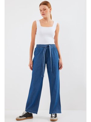 Koyu Mavi Bol Paça Jeans Pantolon Koyu Mavi Bol Paça Jeans Pantolon