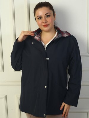 Lacivert Önü Çıtçıtlı Fermuarlı Kapüşonlu Sahte Cep B.b.trençkot Kaban