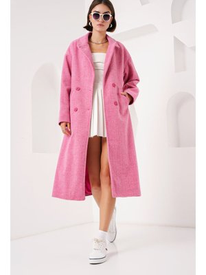 Fuşya Oversize Geniş Kesim Yünlü Uzun Kaşe Kaban