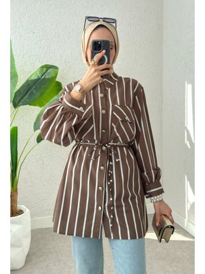 Kahverengi Bel Büzgülü Tunik