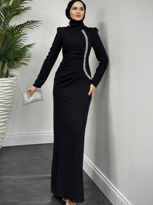 Vitya Yanı Taşlı Balık Abiye Elbise Siyah Vitya Yanı Taşlı Balık Abiye Elbise Siyah