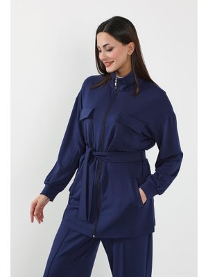 Lacivert Fermuarlı Cepli Swet Ceket,sw