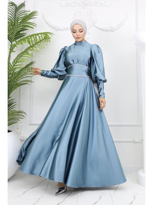 Mint Yeşili Sehran Saten Abiye Elbise