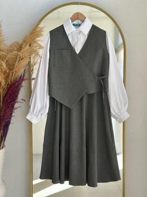 Manolya Etekli Yelekli Tek Cepli Takım Gri