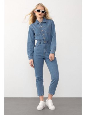 Mavi Cep Detaylı Düğmeli Kot Tulum Mavi Cep Detaylı Düğmeli Kot Tulum