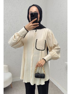 Krem Fisto Detaylı Pliseli Gömlek