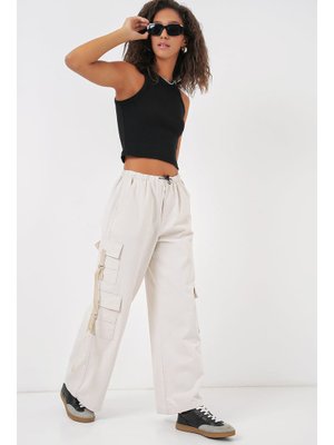 Ekru Geniş Paça Kargo Pantolon Ekru Geniş Paça Kargo Pantolon