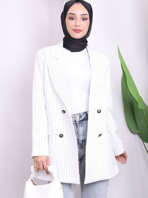 Beyaz Kruvaze Yaka Çizgili Ceket Beyaz Kruvaze Yaka Çizgili Ceket