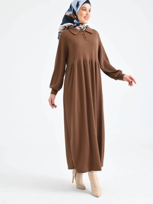Kahverengi Düğmeli Yaka Balon Kol Gömlek Elbise Kahverengi Düğmeli Yaka Balon Kol Gömlek Elbise