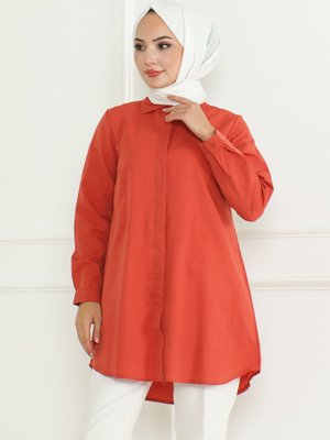 Kiremit Terikoton Gizli Düğmeli Boyfriend Gömlek Kiremit Terikoton Gizli Düğmeli Boyfriend Gömlek