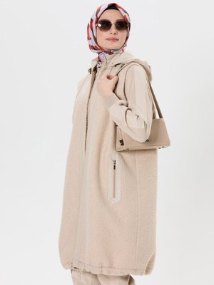 Krem Büyük Beden Deri Mixli Teddy Yelek Krem Büyük Beden Deri Mixli Teddy Yelek