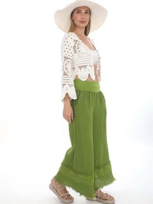 Fıstık Yeşili İtalyan Fisto Detaylı Keten Pantolon