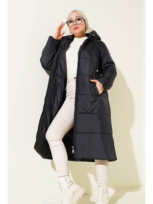 Lacivert Kapüşonlu Uzun Şişme Mont Lacivert Kapüşonlu Uzun Şişme Mont