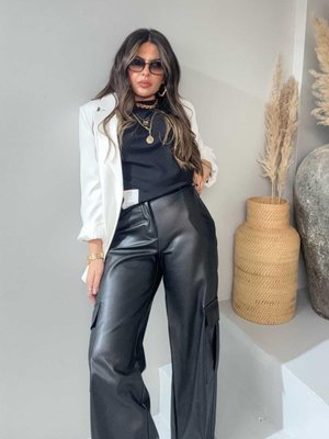 Siyah Deri Kargo Cepli Pantolon