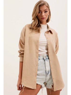 A.bej Tek Cepli Oversize Keten Gömlek A.bej Tek Cepli Oversize Keten Gömlek