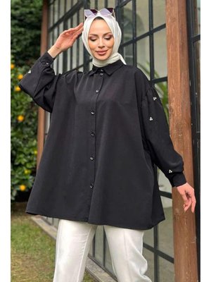 Düz Gömlek Yaka Siyah Tunik