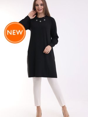 Jun Siyah Bisiklet Yaka Taş Işlemeli Reglan Kol Yırtmaçlı Esnek Yumuşak Kumaş Tunik Jun Siyah Bisiklet Yaka Taş Işlemeli Reglan Kol Yırtmaçlı Esnek Yumuşak Kumaş Tunik