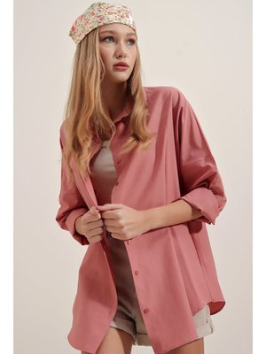 Gül Kurusu Oversize Uzun Basic Gömlek Gül Kurusu Oversize Uzun Basic Gömlek