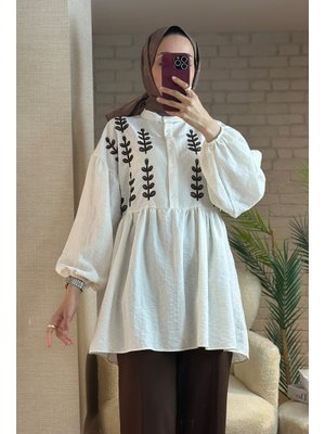 Beyaz Kahve Önü Çiçek Nakışlı Tunik