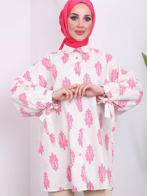 Pembe Kol Bağlamalı Keten Gömlek Pembe Kol Bağlamalı Keten Gömlek