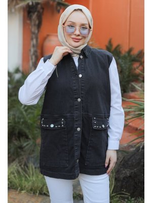Siyah Aliv Taşlı Kot Yelek
