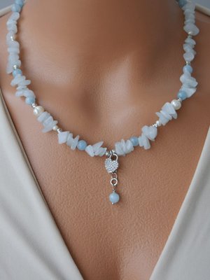 Çok Renkli Aventurin Akuamarin Ve İnci Kolye