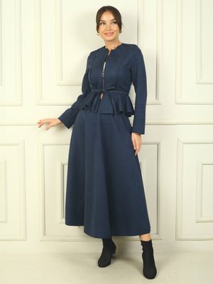 Lacivert Önü Fermuarlı Beli Oturtmalı Kuşalı Ceket Lastikli Uzun Etek 2'li Süet Takım