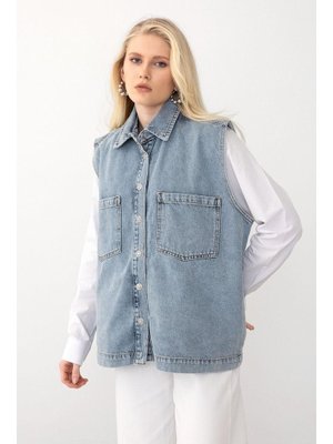 Mavi Torba Cep Detaylı Rahat Kalıp Kot Yelek Mavi Torba Cep Detaylı Rahat Kalıp Kot Yelek