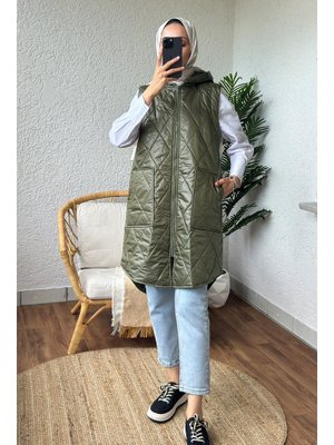 Haki Önü Fermuarlı Kapüşonlu Yelek