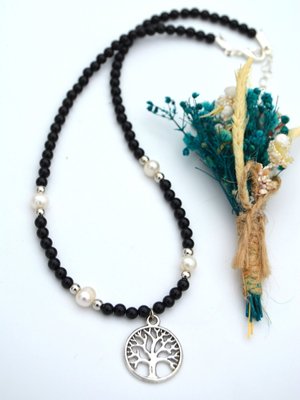 Oniks Ve İnci Kolye Cok Renkli