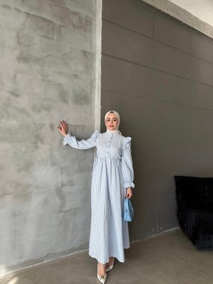 Mavi Gofre Fırfırlı Elbiise