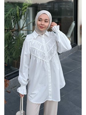 Beyaz Önü Parça Roba Büzgülü Gömlek