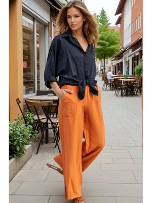 Koyu Kiremit Bol Paça Beli Lastikli Rahat Çift Cepli Keten Görünümlü Pantolon Koyu Kiremit Bol Paça Beli Lastikli Rahat Çift Cepli Keten Görünümlü Pantolon