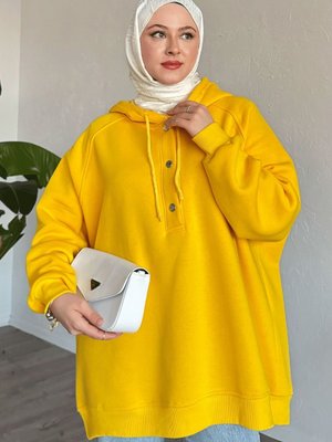 Çıtçıt Yaka Kapüşonlu Sarı Sweat Çıtçıt Yaka Kapüşonlu Sarı Sweat