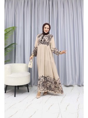 Bej Sulu Desen Elbise