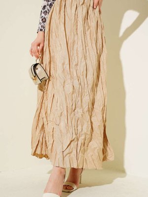 Bej Kırışık Pileli Uzun Etek Bej Kırışık Pileli Uzun Etek