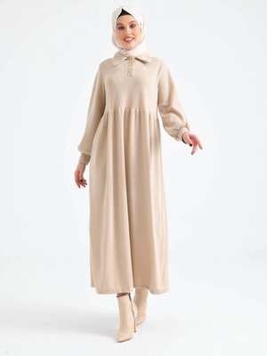 Bej Düğmeli Yaka Balon Kol Gömlek Elbise Bej Düğmeli Yaka Balon Kol Gömlek Elbise