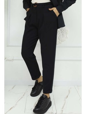 Siyah Kemerli Keten Pantolon