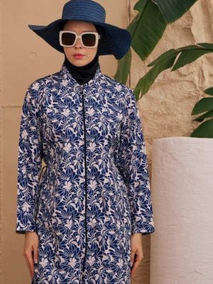 Lacivert Büyük Beden Paraşüt Kumaş Tam Kapalı Mayo