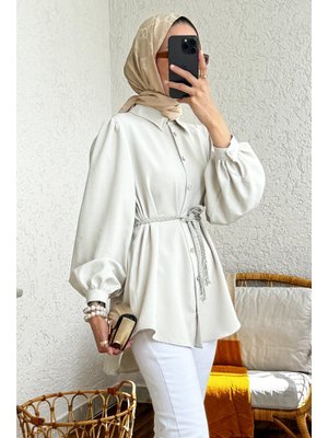 Fil Dişi Örgü Kemerli Tunik